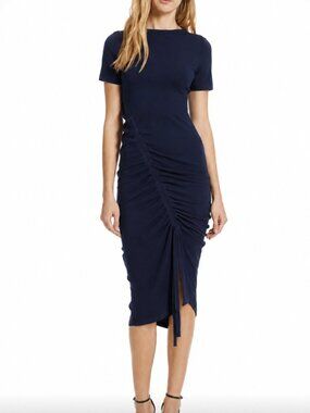 MILLY "Twisted Drawstring" Ruched Knit Short Sleeve Midi Dress Navy Blue S $395